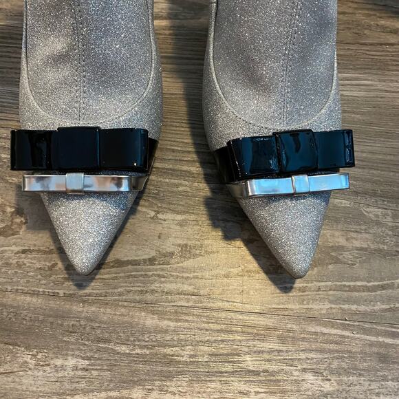 Sophia Webster Andie Bow Mid Heel Stretch Leather Glitter Fabric Ankle Booties - Picture 8 of 16